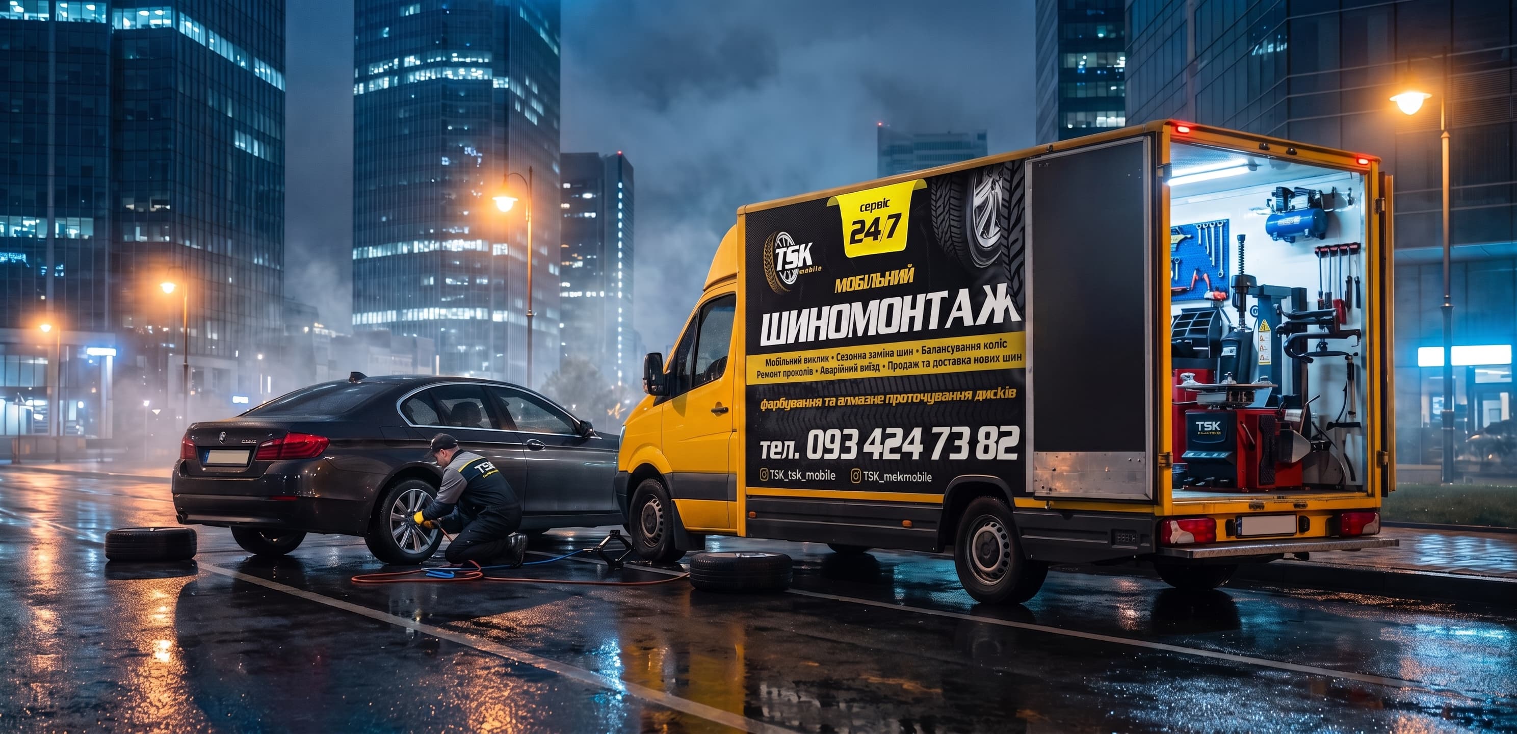 Мобільна бригада TSK mobile виконує шиномонтаж на виїзді вночі